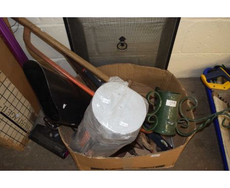 Box various tools, coal scuttle, sparke guard, christams tree stand etc 