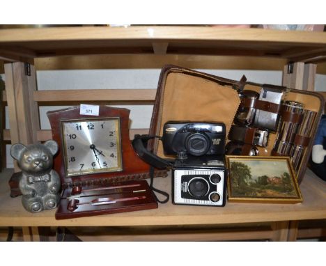 vintage mantle clock, travelling vanity set, Kodak camera, money box etc 