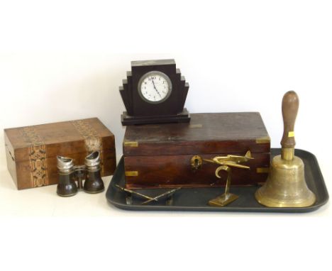 Victorian rosewood writing slope, walnut jewellery box, "The Riverside" Bakalite clock, brass bell, pair of brass boot shaped