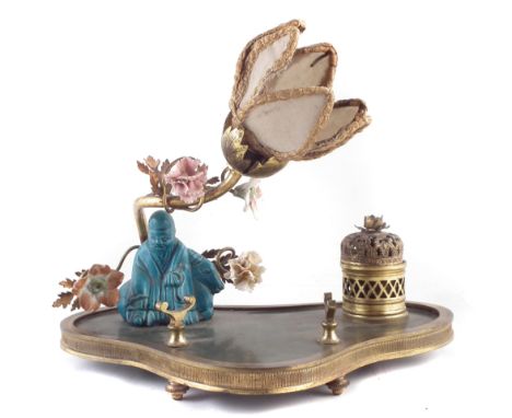 Mid 20th century French desk top ink stand and lamp, lozenged shaped base with brass frame, supporting tendril flower stem wi
