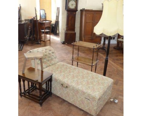 Edwardian day bed/ottoman with double side opening, standard lamp, walnut what-not, nest of three tables and three legged sto