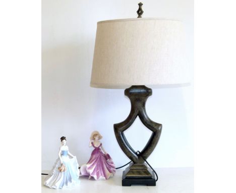 Two Coalport ladies of fashion figures "Victoria" and "Helena" complete with modern "Feiss" table lamp complete with shade. C