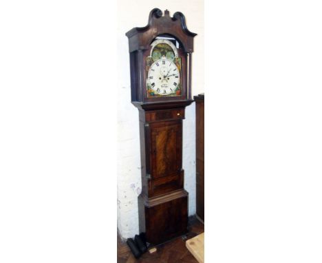 Mahogany and inlaid 8-day long-case clock with enamel dial, rolling moon. Condition reports are not available for Interiors S