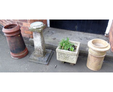 Pre-cast sundial, planter and two chimineys. Condition reports are not available for Interiors Sales.