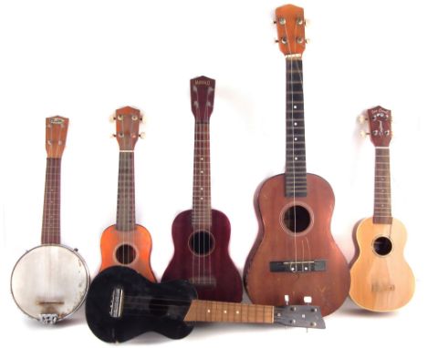 Five Ukuleles and a Sheltone Banjolele, to include three supranos one by Tanglewood, another labelled Lazy, the third unlabel