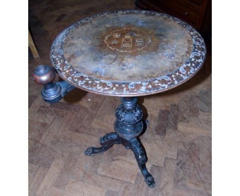 Victorian walnut tripod table, the top bearing Masonic symbols and rotating candle stick. Condition reports are not available