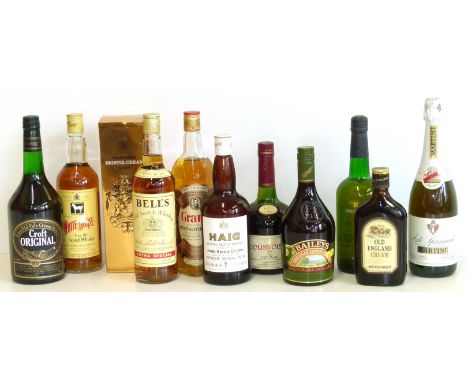 Four bottles of whisky Bells, Grant's, Haig &amp; White Horse, also one bottle of Courvoisier cognac, three bottles of sherry