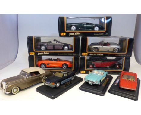 Five Maiston boxed special editions (1/18) Jaguar XJ220, Mercedes Benz 500SL, Porsche Boxter, Citroen 15CV, Mustang Mach 3, S