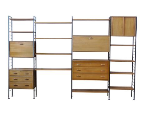 Staples Ladderax silk black finish and teak veneered wall units, comprising five steel uprights, twelve shelves, two drawer u