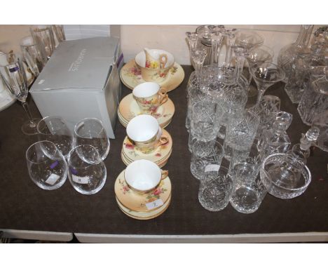 A collection of Royal Worcester tea ware having painted floral decoration on blush ivory ground, comprising cups, saucers, si