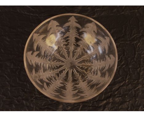 A Lalique glass bowl decorated with leaves, signed to base R. Lalique France, 24cm dia. 