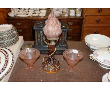 An Art Deco figural decorated amber glass table lamp with flambé shade and a pair of Art Deco style glass vases  