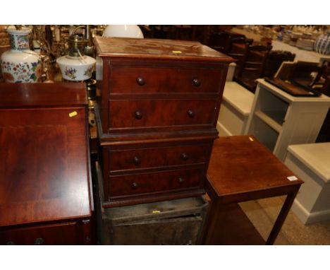 A Georgian nightstand raised on tapering supports, an upholstered piano stool; a child's rush seated chair; a child's commode