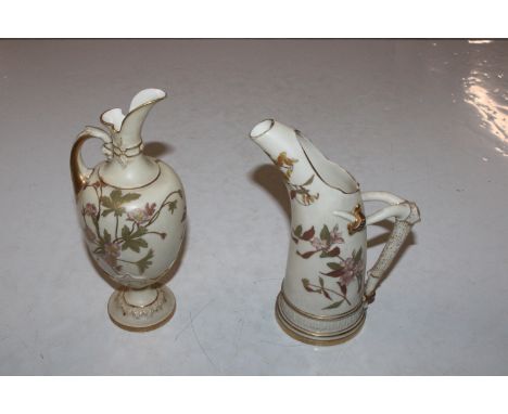 A Royal Worcester baluster ewer having floral decoration on a pale ivory ground heightened in gilt; and a similar tusk shaped