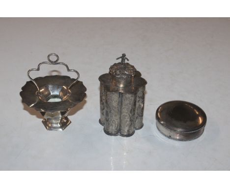 A 19th Century Sheffield plated snuff box; a Dutch tea caddy and a Chinese white metal hanging basket 