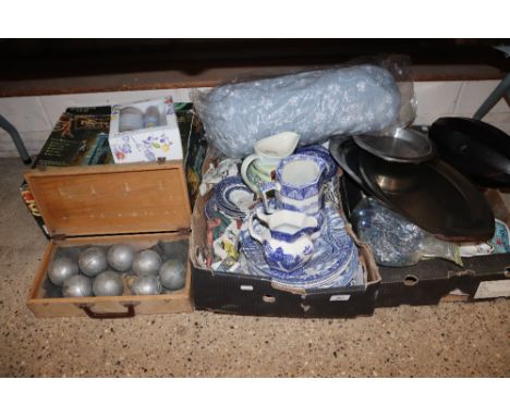 Two boxes containing various blue and white china, Border Fine Arts James Herriot Country Kitchen, Coming Home jug, Danish si
