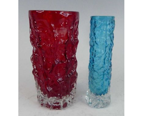  Geoffrey Baxter (1922-1995) for Whitefriars - a moulded glass bark vase, of cylindrical form, ruby colourway, h.15.5cm; toge