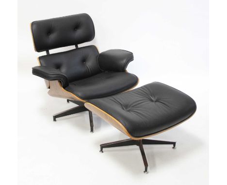 After Charles &amp; Ray Eames - a lounge chair and ottoman (670 &amp; 671), each with rosewood effect veneered plywood shells