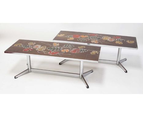 A pair of 1960s Adri chrome and glazed tile inset rectangular coffee tables, in the Cheeseplanter design, one table signed 'A
