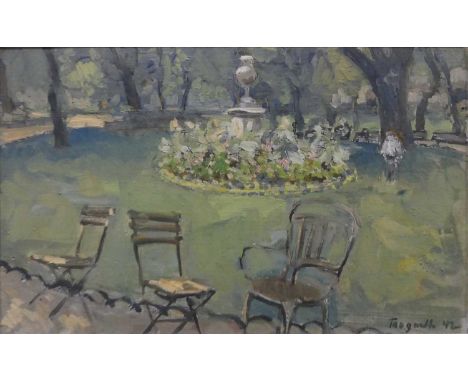 Mid-20th Century Swedish School - Chairs with Figures and Fountain in a Park, palette knife oil on board, indistinctly signed