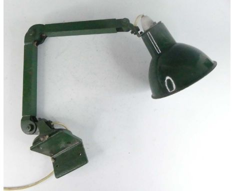 A mid-20th century green painted iron mounted workman's lamp, having a branch arm, with lower L shaped plate affixing point, 