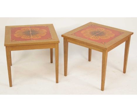 A pair of Danish 1970s light oak and burnt orange tile top inset square low occasional tables, each on slightly tapering supp