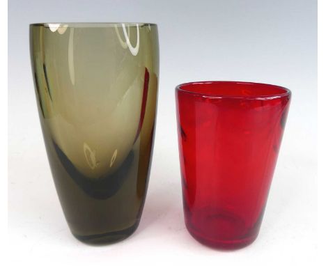 A 1960s heavy art glass smoky vase, of slightly flattened tapering form, unsigned, h.20cm; together with a Marriott Powell ru