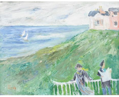 John Pawle (1915-2010) - Figures and Buildings by the Clifftop, palette knife oil on canvas, signed lower left, 41 x 51cm,