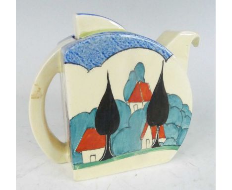 A rare Clarice Cliff May Avenue pattern pottery Stamford teapot and cover, circa 1933, typically bright colour stylise decora