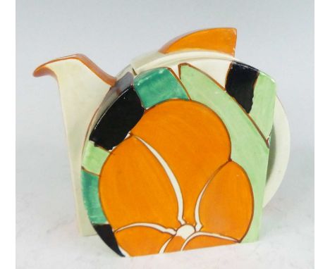 A 1930s Clarice Cliff Orange Gardenia pattern pottery Stamford teapot and cover, typically floral stylised bright colour deco