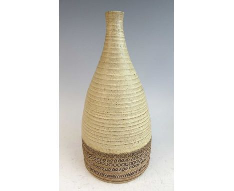 Mark Parish for KP Pottery - a studio pottery lamp base, of ribbed bell form, with lower incised repeating banded decoration,