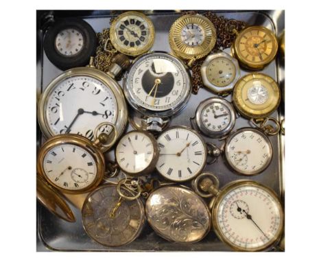 Group of pocket and fob watches, to include; Ingersol, Timex, dashboard clock with Arabic dial, and plated locket, etc