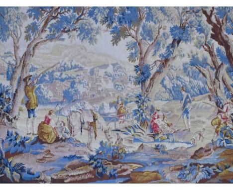 Three large machine-made tapestry wall hangings, to include a lake scene with terrace, 222cm x 112cm, with brass suspension p