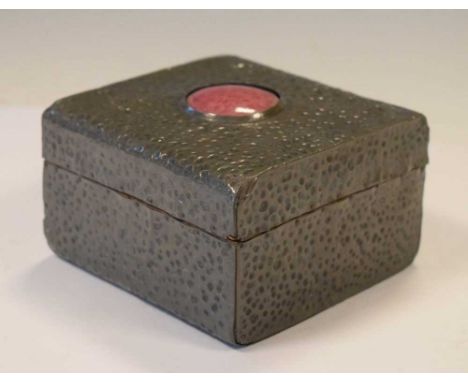 Arts &amp; Crafts pewter table-top box, having circular Ruskin-style ceramic inset, 10cm x 10cm x 6cm high 