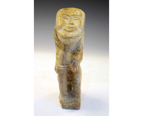 Ethnographica - Primitive seated figure, with almond-shaped eyes and mouth, with hands around knees in 'brace' pose, traces o