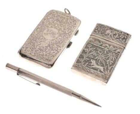George V silver cigarette case, Birmingham 1917, a white metal card case, 92 grams approx and a sterling pencil (3)
