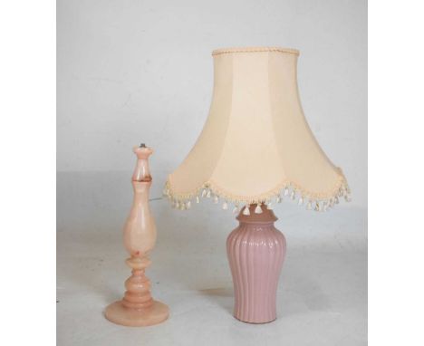 Pink onyx table lamp base (51cm high), together with a pink glazed ceramic table lamp, 41cm high (ex. fitting and shade)