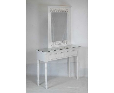 White finish two-drawer console or side table, 94cm x 32cm x 73cm high, and a similar wall mirror, 63cm wide x 84cm high, (2)