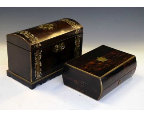 Coromandel jewellery box, having brass inlaid decoration (25cm x 13cm x 18cm high), together with a tea caddy (21.5cm x 14cm 