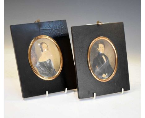 Pair of naive portrait miniatures in ebonised frames, 12cm long (ex. frames)