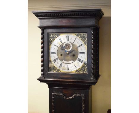 Early 20th Century oak-cased 8-day longcase clock retailed by Selfridge, London, 11-inch square dial with silvered chapter ri