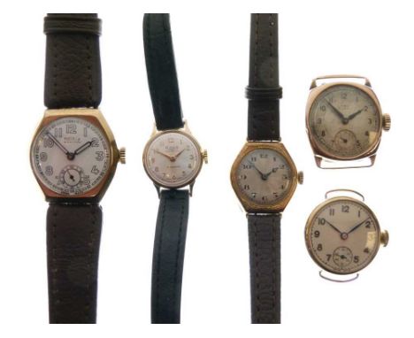 Five vintage 9ct gold wristwatches, comprising Rotary Maximus, Cyma De Luxe, Rone 17 jewels Incabloc, and two others, 28mm (e
