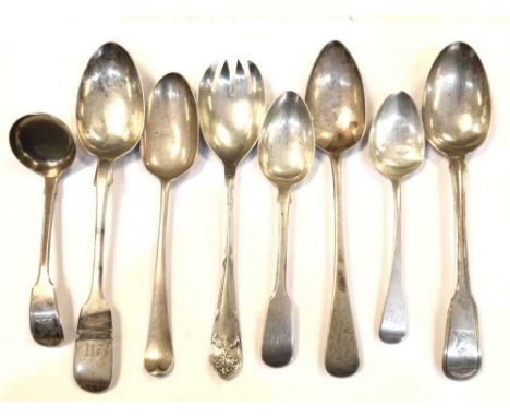 Quantity of silver flatware to include William IV ladle, London 1832, Early Victorian Fiddle pattern tablespoon, Exeter 1840,