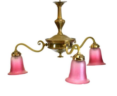 Early 20th Century brass and red glass three-branch ceiling light, 40cm long approx