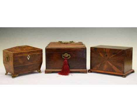 Three  various tea caddies, comprising a George III mahogany example, 24cm wide, a Regency burr yew sarcophagus example (lack