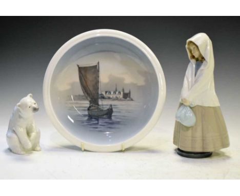 Royal Copenhagen dish, pattern number 2141, together with a Lladro polar bear and Nao figure of a girl, 23cm high and smaller