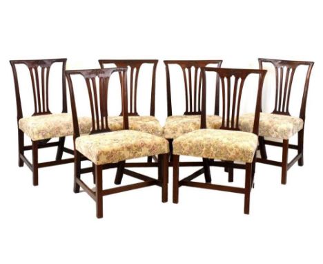Set of six Chippendale style mahogany dining chairs, having floral spray upholstered seats, 56cm (seats widest point) x 82cm 
