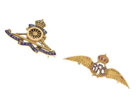 Yellow metal and blue enamel Royal Artillery brooch, stamped CP&amp;Co 15ct, 36mm wide, and a similar Royal Flying Corps RFC 
