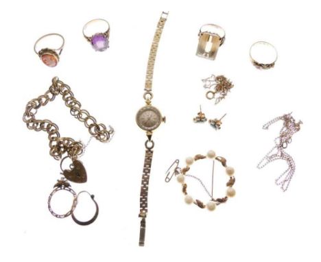 Quantity of gold and yellow metal jewellery, to include curb-link bracelet with padlock, lady's Rado 'Peony' wristwatch, four