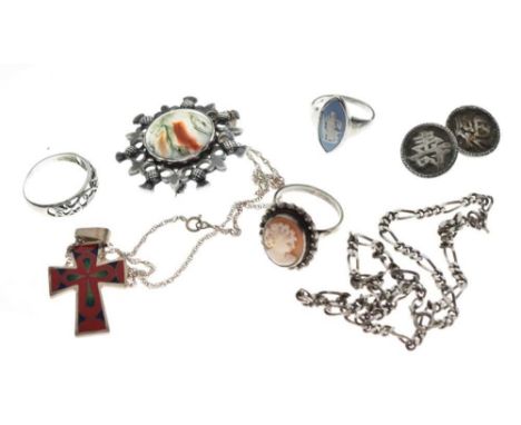 Small quantity of silver jewellery including a John Hart moss agate silver brooch, 4cm approx, an enamel cross pendant on cha